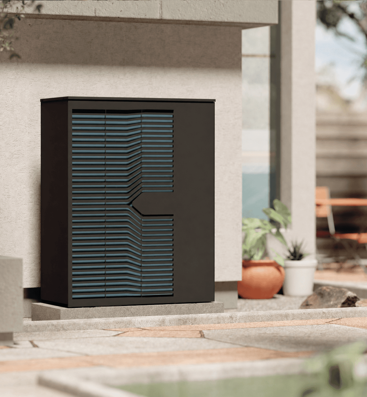 Outdoor heat pump unit installed beside a home